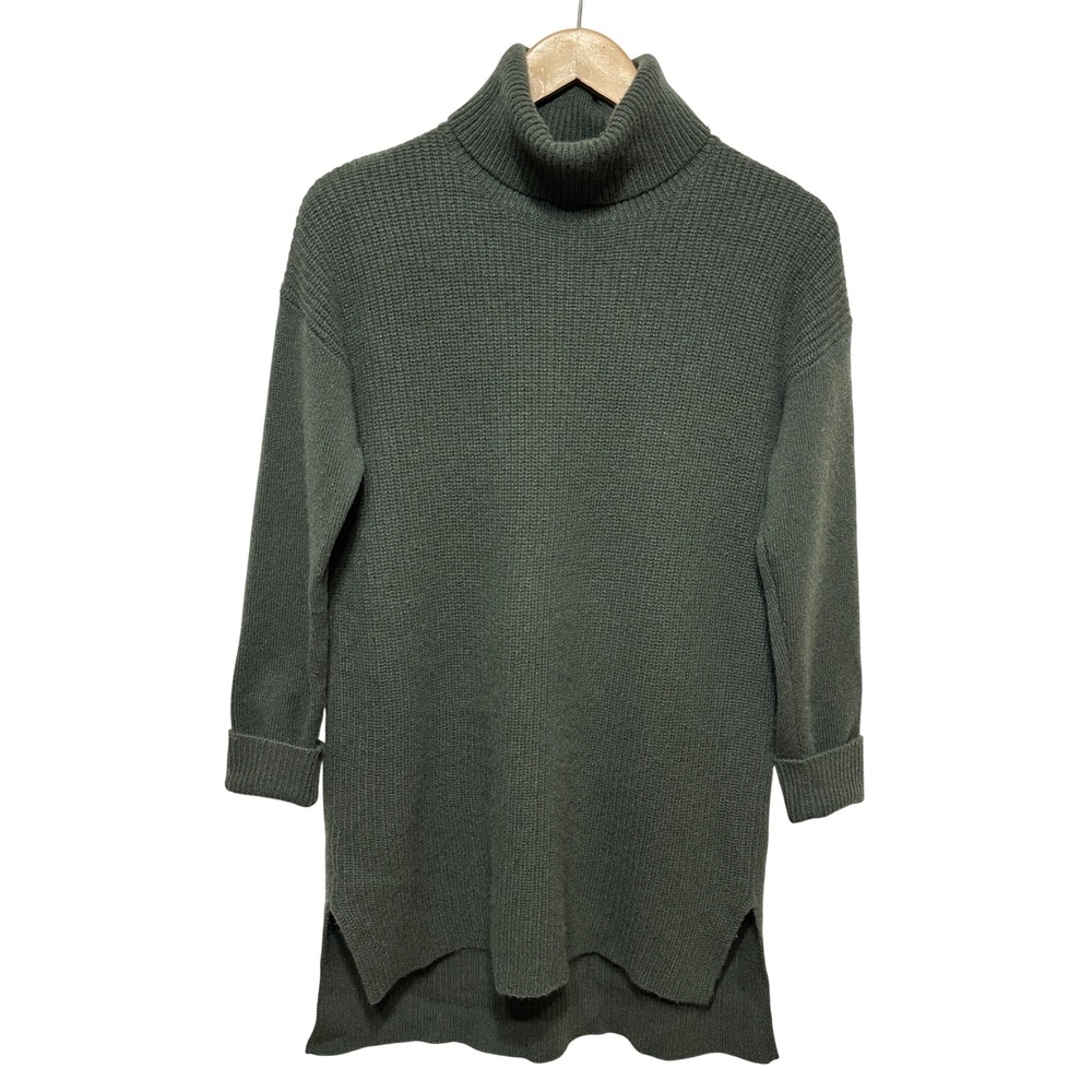 Halogen Long Tunic Sweater Women Small Green 100% Cashmere Turtleneck Pullover